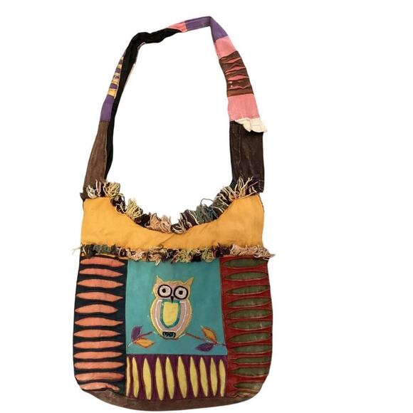 Fabric Owl Hobo Bag Cotton Blue Brown Hippie Bohemian Indie Emo Crow Patchwork - Picture 4 of 12